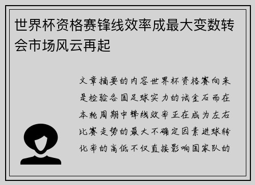 世界杯资格赛锋线效率成最大变数转会市场风云再起
